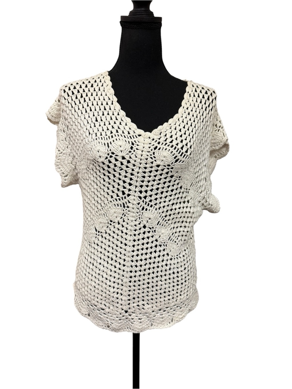 EnVogue Cream Crochet Knit Boho V-Neck Cottagecore Festival Sweater Large - Picture 2 of 9
